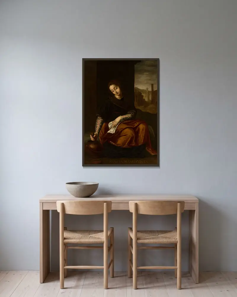 Saint Práxedes av Luca Cambiaso inramad på en vägg