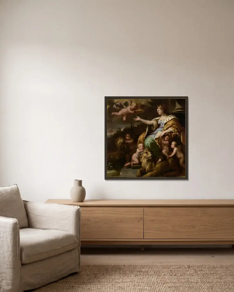 Storsinthetens allegori av Luca Giordano inramad på en vägg