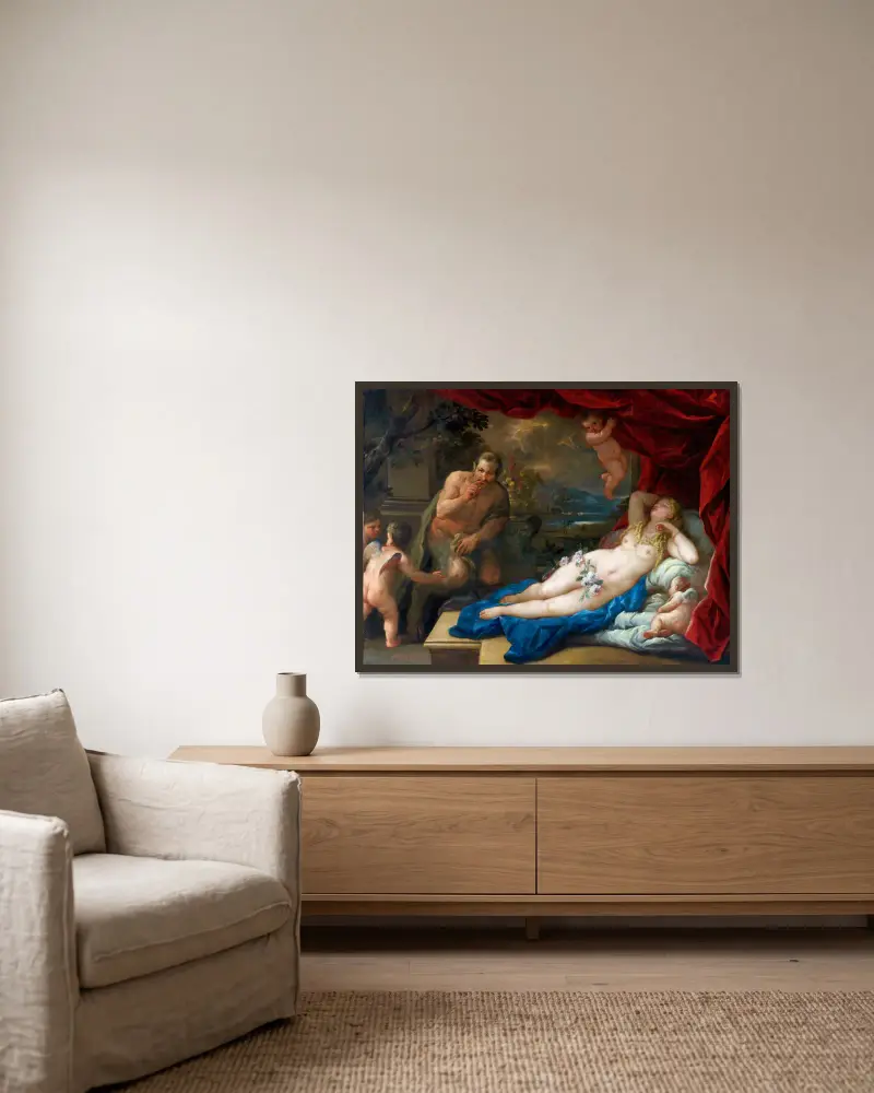 Jupiter And Antiope av Luca Giordano inramad på en vägg
