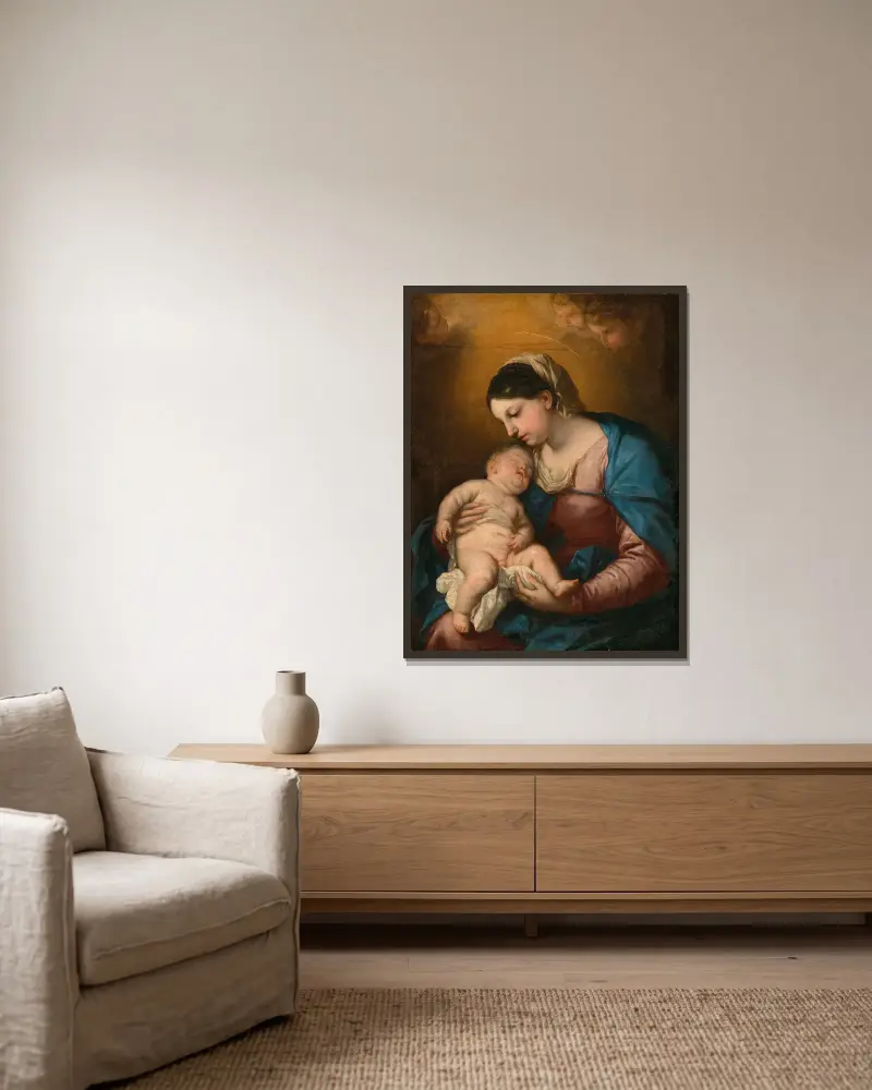 Madonna and Child av Luca Giordano inramad på en vägg