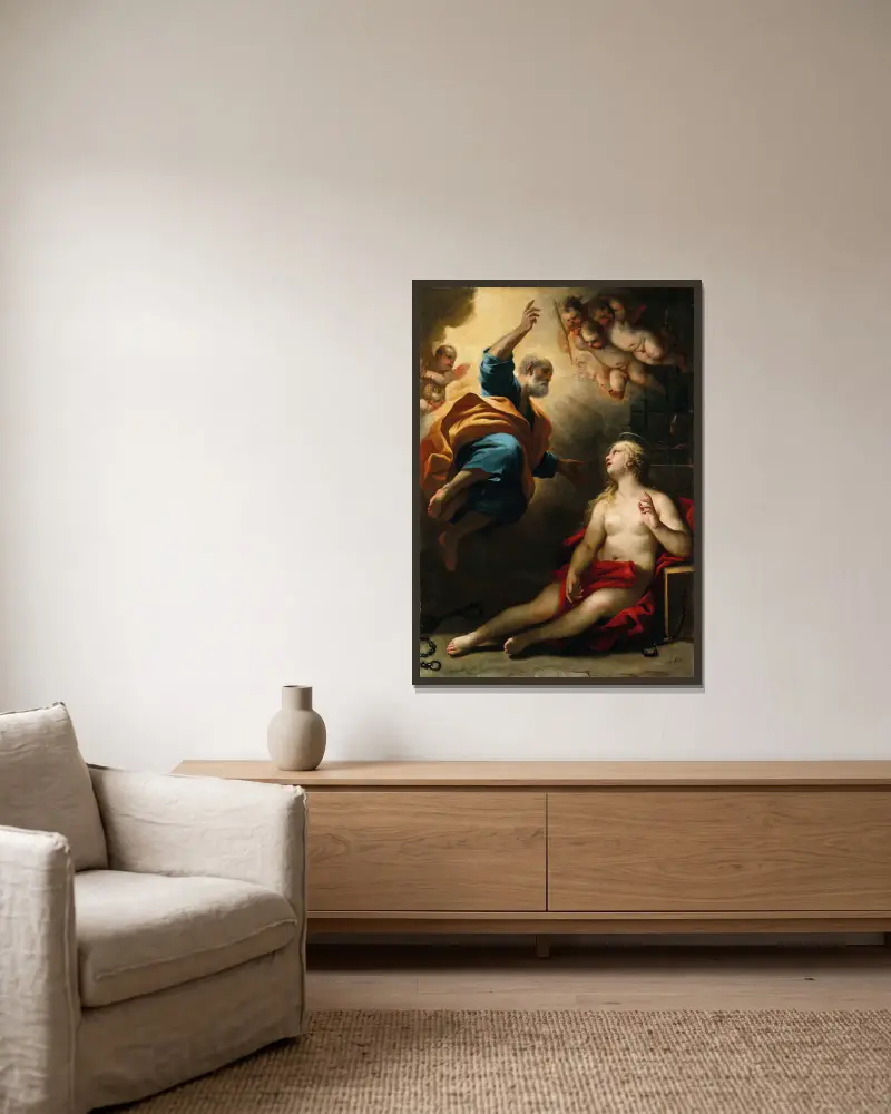 Saint Peter healing Saint Agatha av Luca Giordano inramad på en vägg