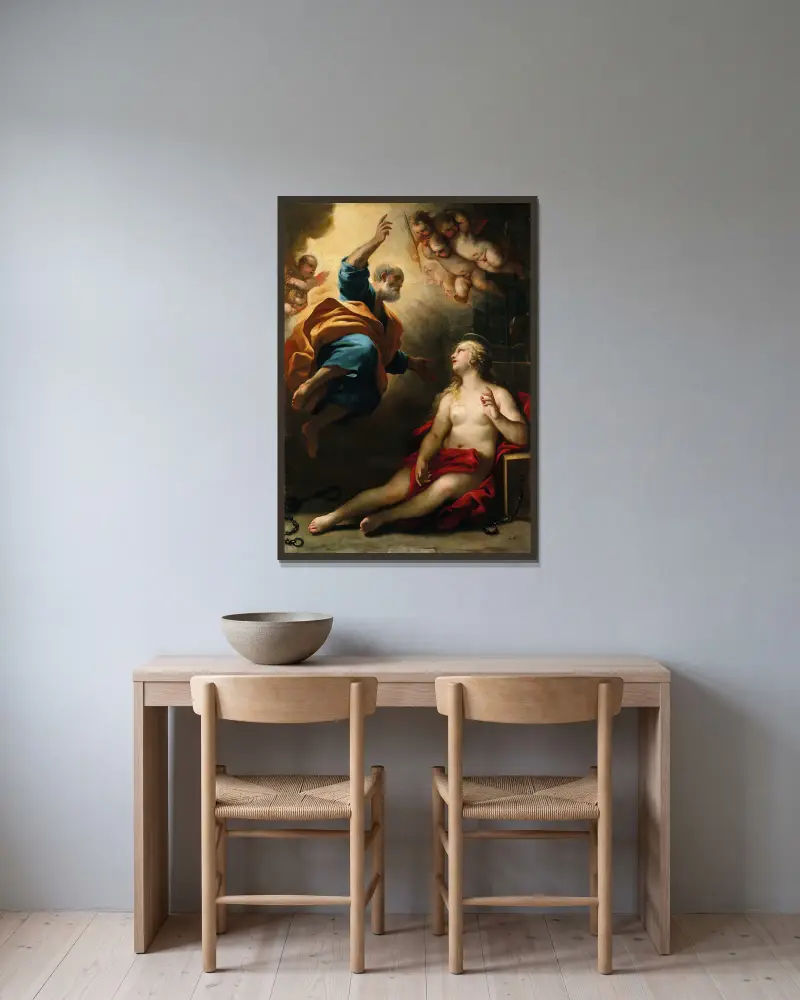 Saint Peter healing Saint Agatha av Luca Giordano inramad på en vägg