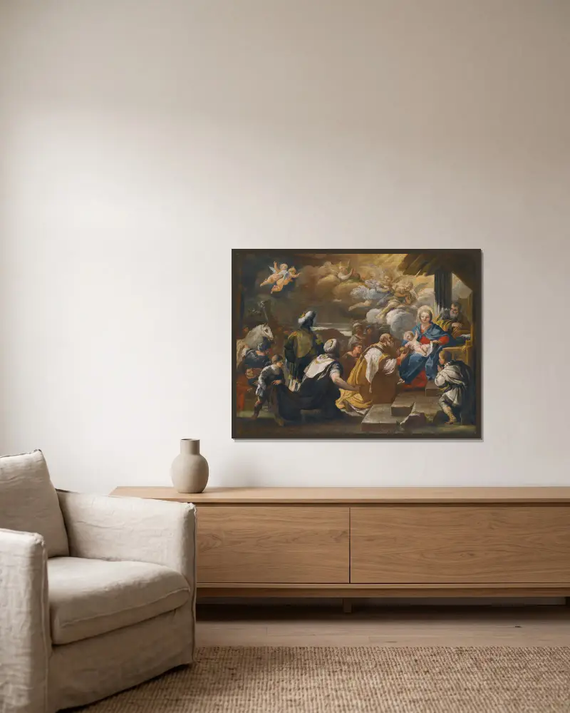The Adoration Of The Magi av Luca Giordano inramad på en vägg