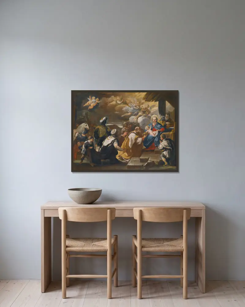The Adoration Of The Magi av Luca Giordano inramad på en vägg