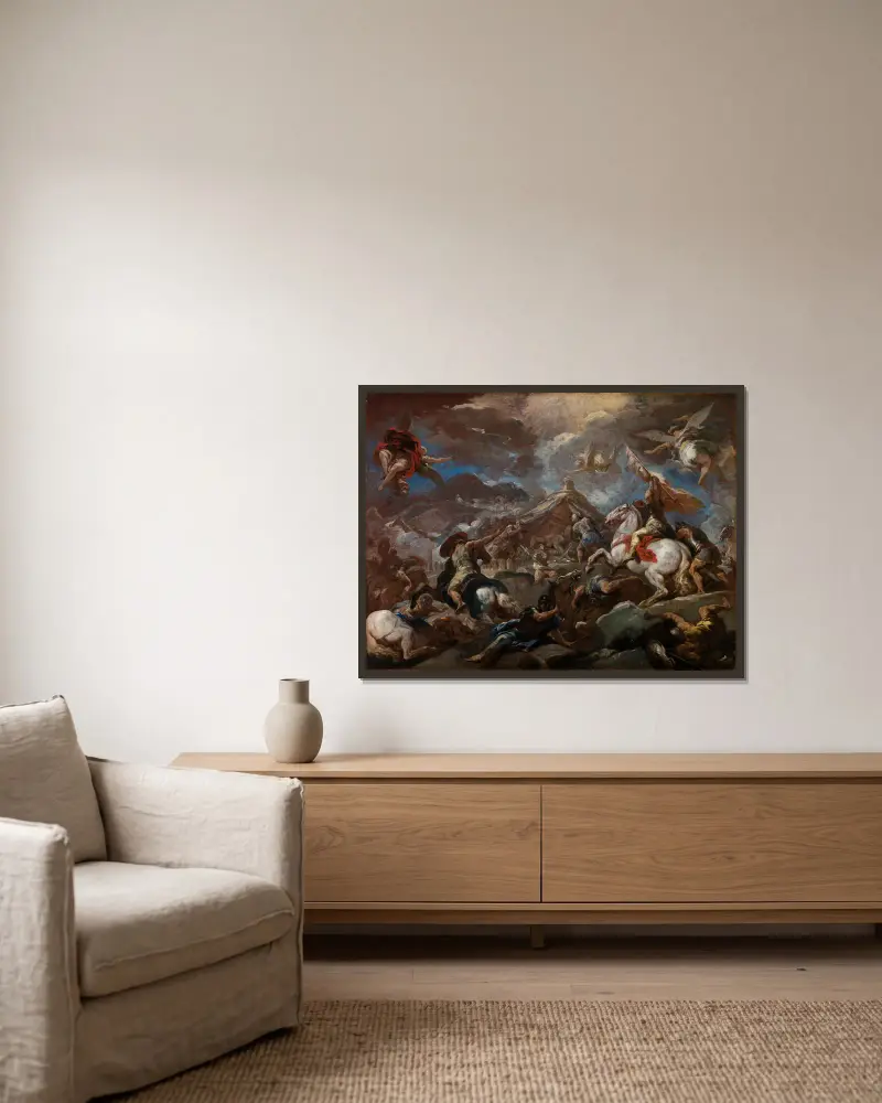 Upptäckten av Holofernes kropp av Luca Giordano inramad på en vägg