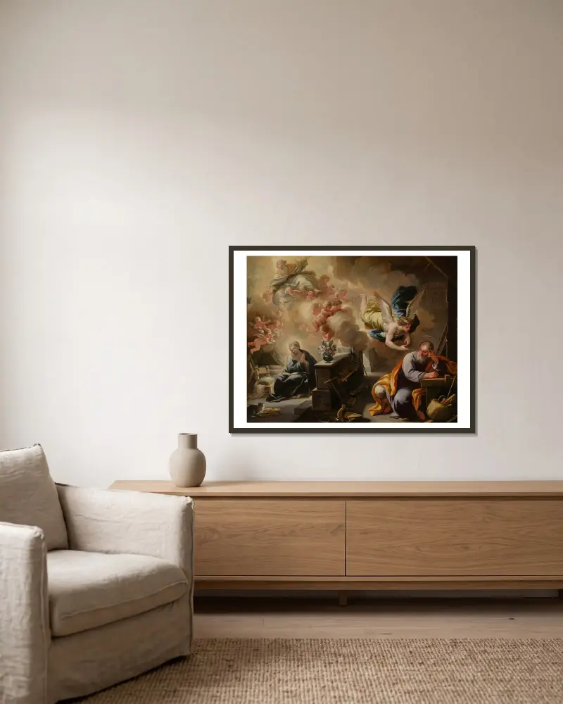 The Dream of St. Joseph av Luca Giordano inramad på en vägg