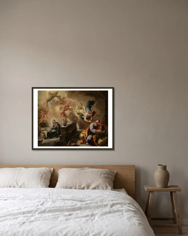 The Dream of St. Joseph av Luca Giordano inramad på en vägg