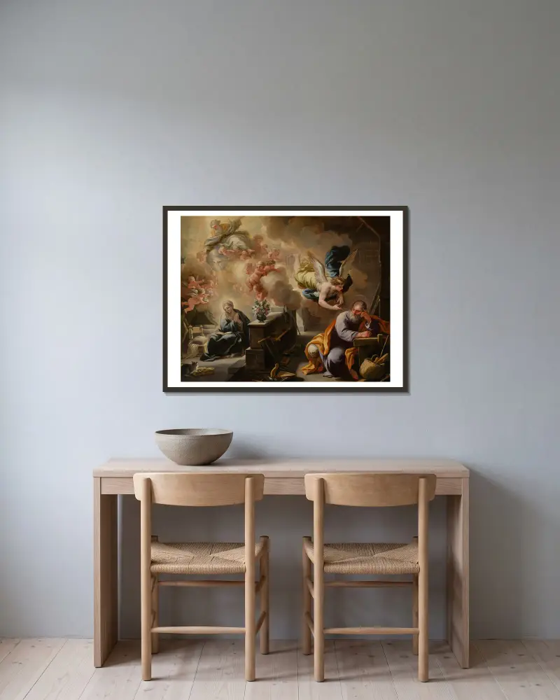 The Dream of St. Joseph av Luca Giordano inramad på en vägg