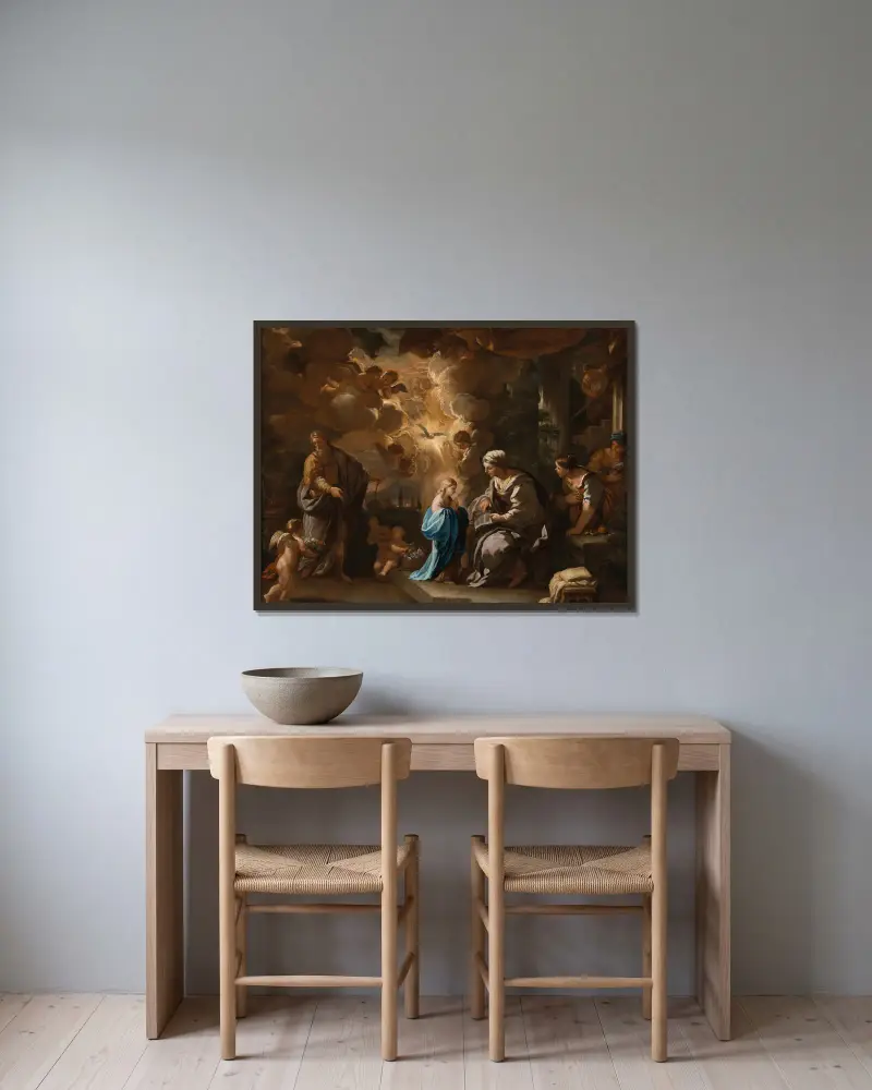 Die Erziehung der Jungfrau von Luca Giordano gerahmt an einer Wand