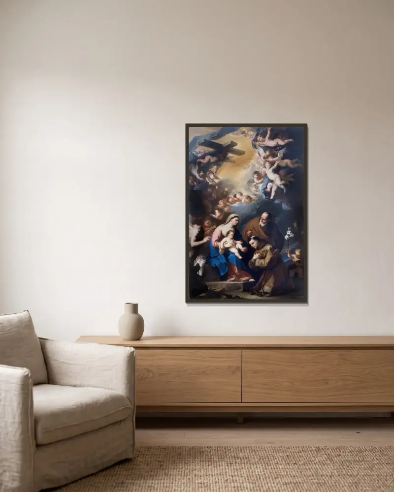 Den heliga familjen vördas av Antonius av Padua av Luca Giordano inramad på en vägg