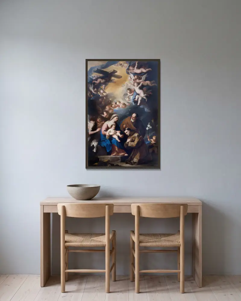Den heliga familjen vördas av Antonius av Padua av Luca Giordano inramad på en vägg