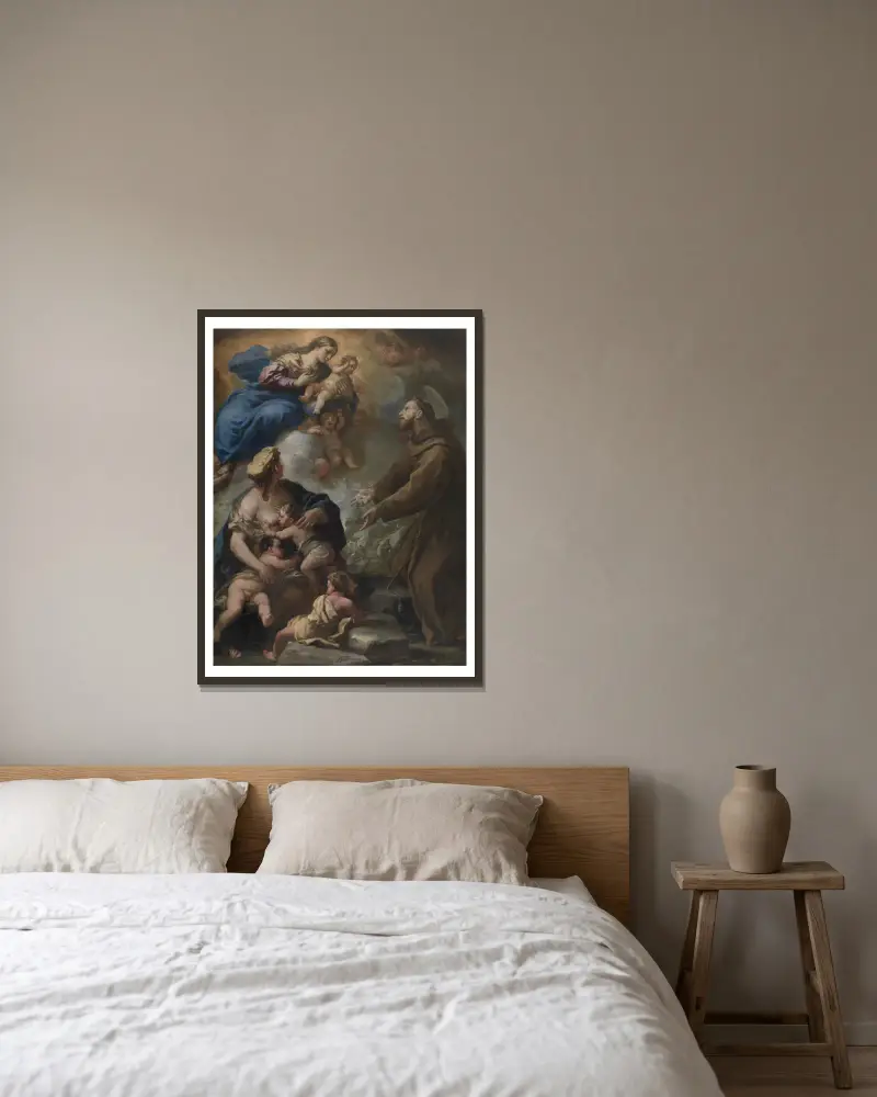 Die Jungfrau mit dem Kind, die dem heiligen Franziskus von Assisi erscheint von Luca Giordano gerahmt an einer Wand