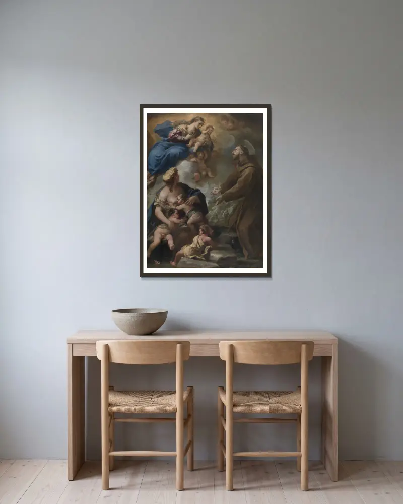 Die Jungfrau mit dem Kind, die dem heiligen Franziskus von Assisi erscheint von Luca Giordano gerahmt an einer Wand