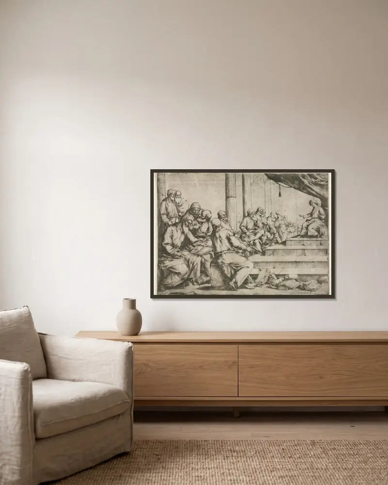 Den unge Kristus undervisar i templet av Luca Giordano inramad på en vägg