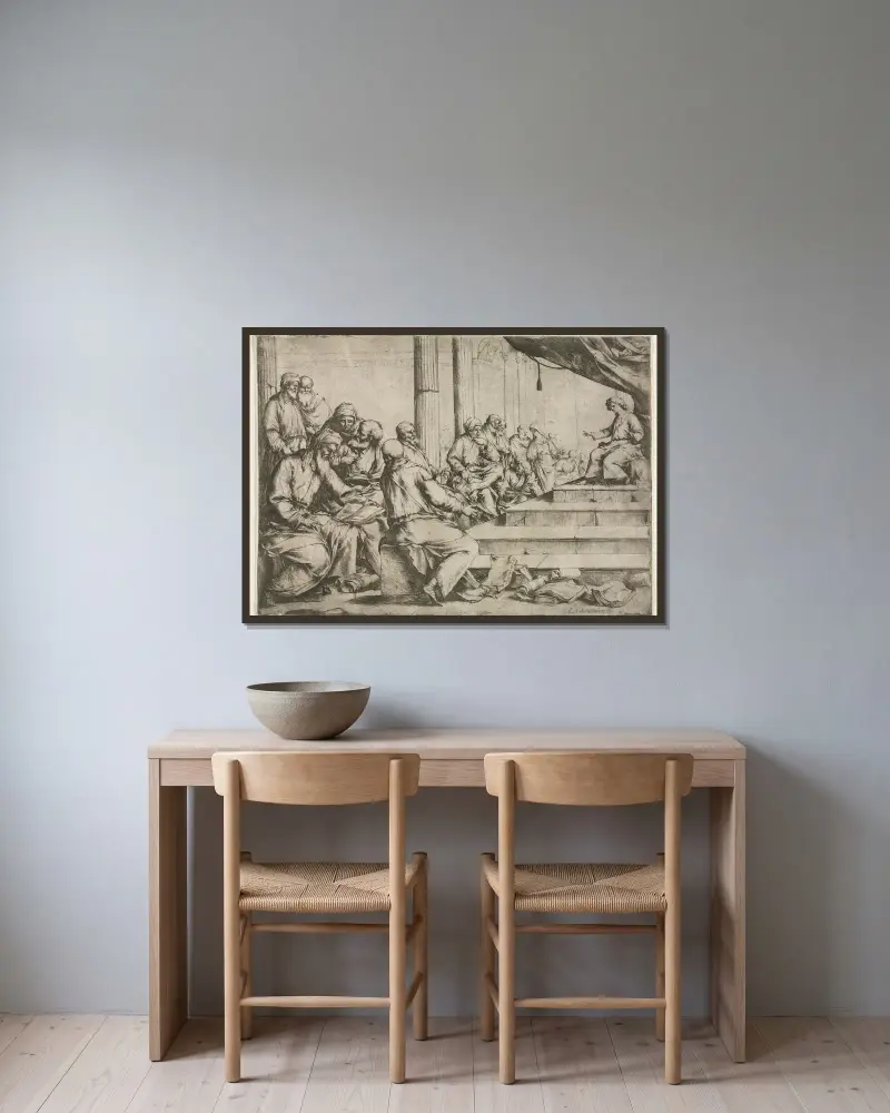 Den unge Kristus undervisar i templet av Luca Giordano inramad på en vägg
