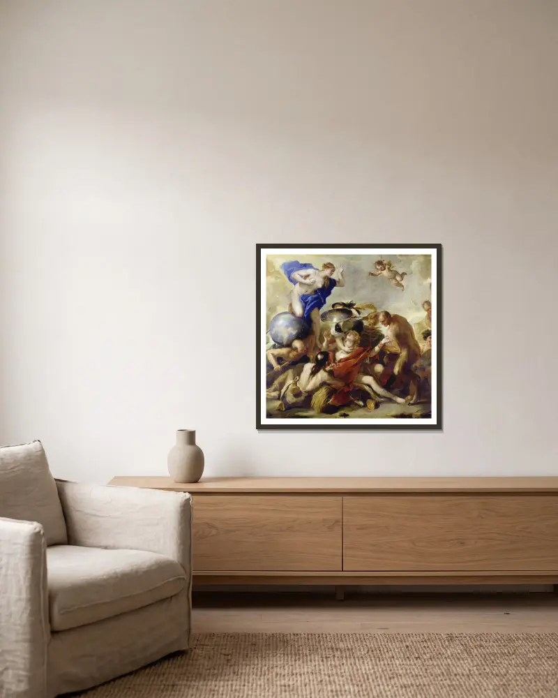 Ungdomen frestad av lasterna av Luca Giordano inramad på en vägg