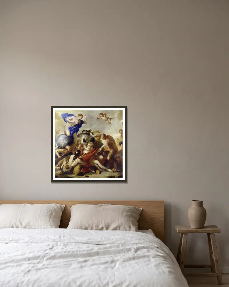Ungdomen frestad av lasterna av Luca Giordano inramad på en vägg