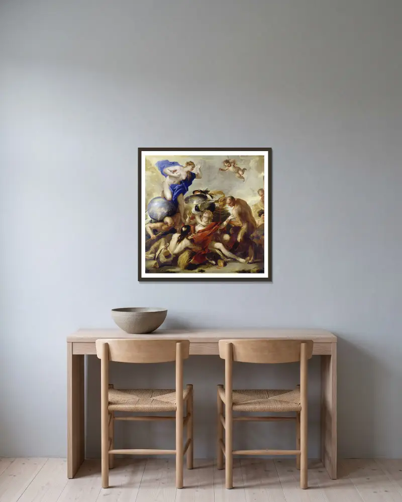 Ungdomen frestad av lasterna av Luca Giordano inramad på en vägg