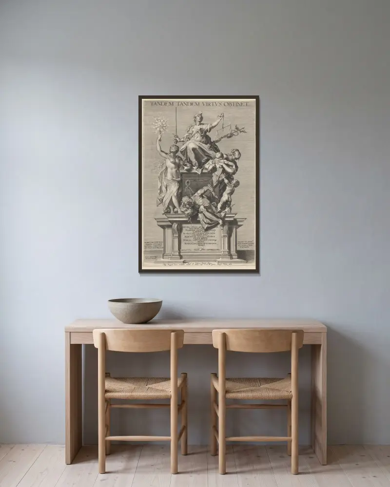 Allegori över dygden med Rättvisan (Justitia) flankerad av Tiden (Tempus) och Barmhärtigheten (Caritas) av Lucas Kilian inramad på en vägg