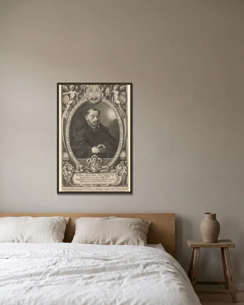 Porträt des Abtes Balthasar im Alter von 33 Jahren von Lucas Kilian gerahmt an einer Wand