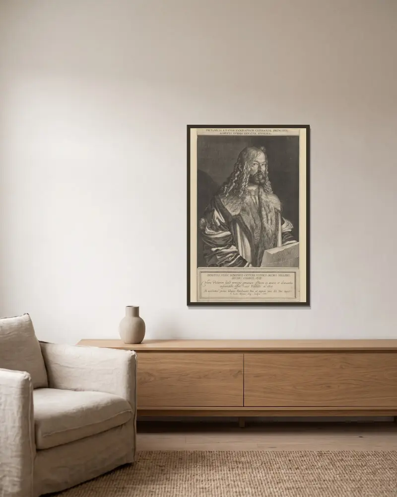 Porträtt av Albrecht Dürer av Lucas Kilian inramad på en vägg