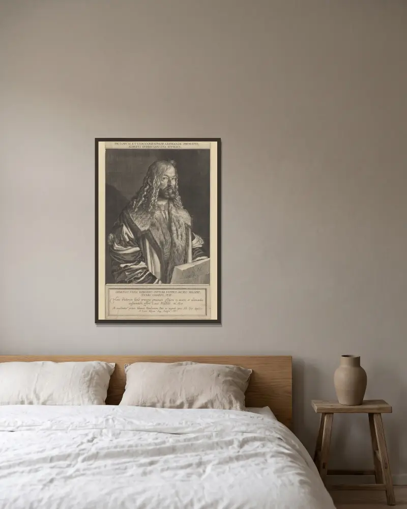 Porträtt av Albrecht Dürer av Lucas Kilian inramad på en vägg