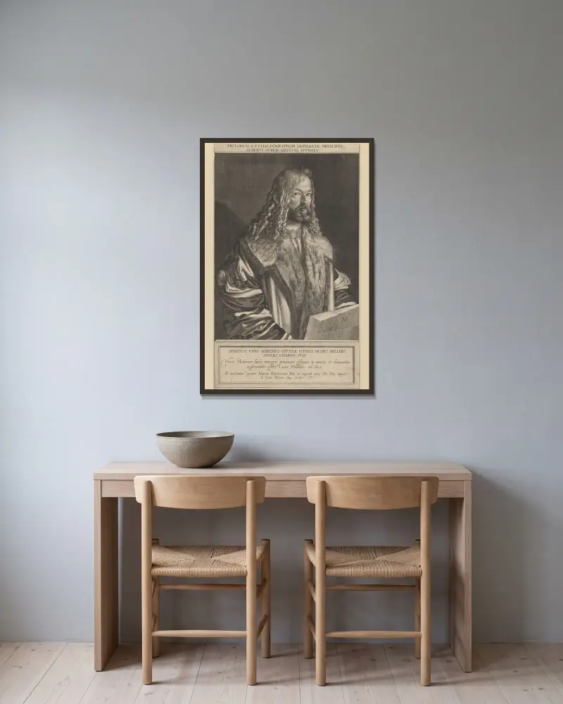 Porträtt av Albrecht Dürer av Lucas Kilian inramad på en vägg