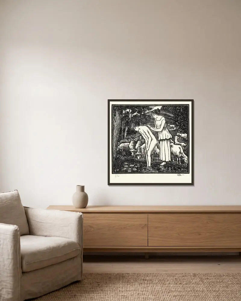 Daphnis wird von Chloe gewaschen von Lucien Pissarro gerahmt an einer Wand