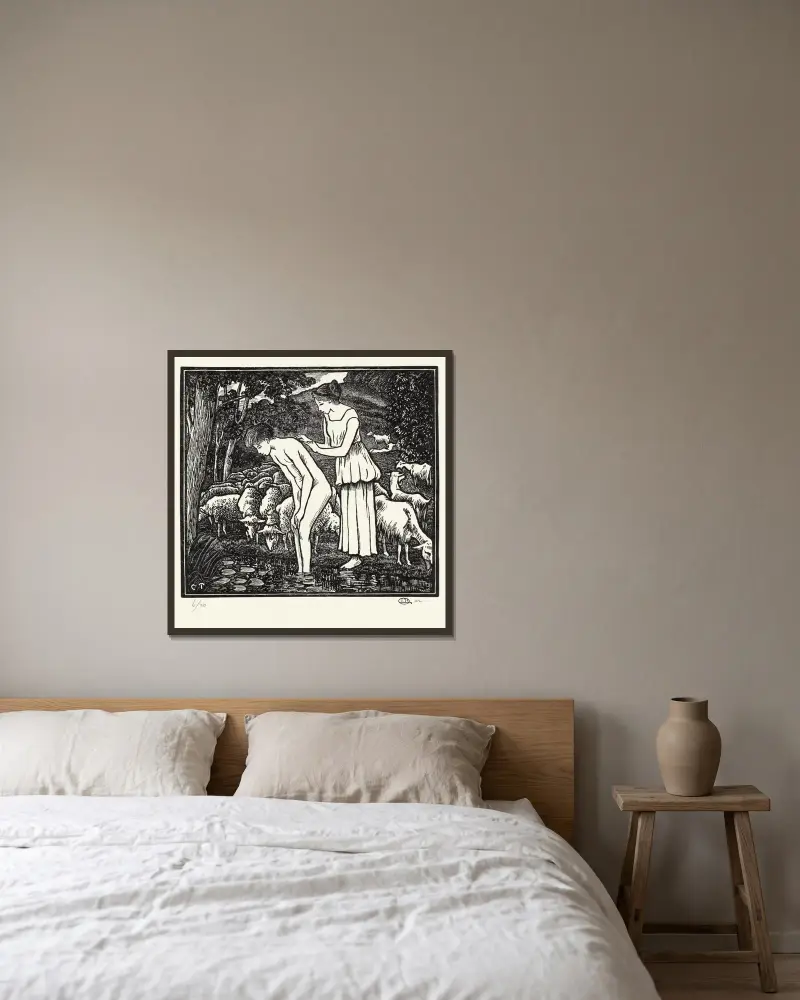 Daphnis wird von Chloe gewaschen von Lucien Pissarro gerahmt an einer Wand