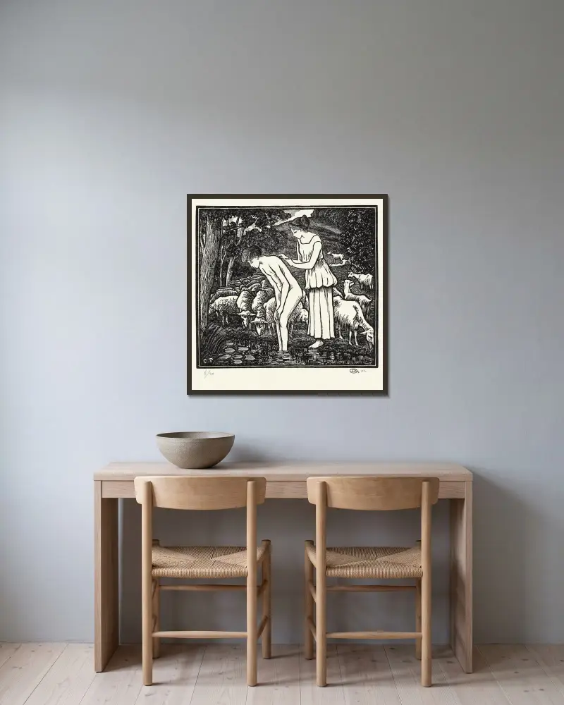 Daphnis wird von Chloe gewaschen von Lucien Pissarro gerahmt an einer Wand