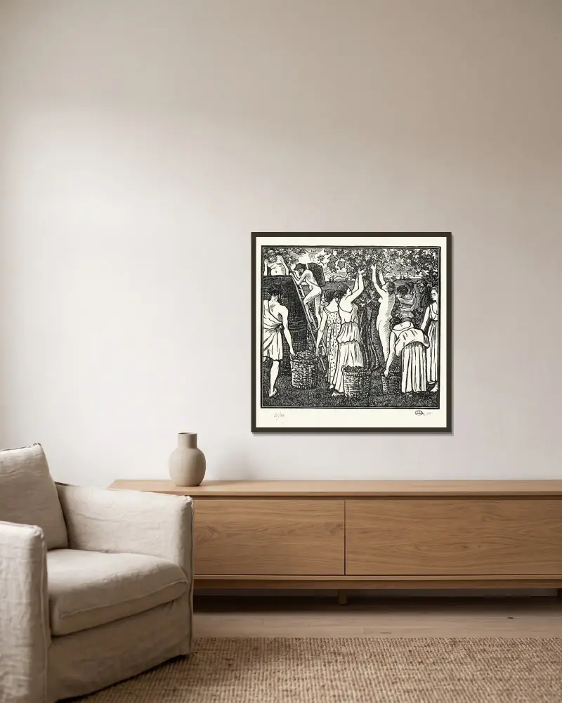 De wijnoogst av Lucien Pissarro inramad på en vägg