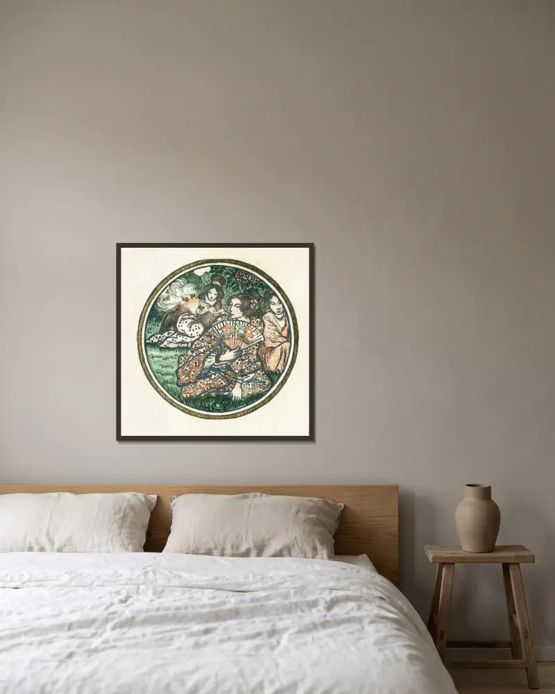 Tre japanska kvinnor i en trädgård av Lucien Pissarro inramad på en vägg