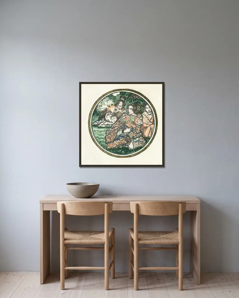 Tre japanska kvinnor i en trädgård av Lucien Pissarro inramad på en vägg