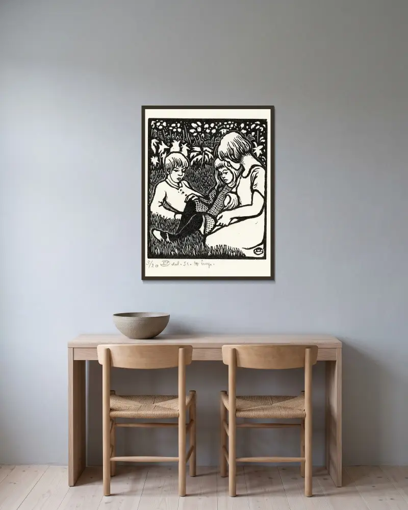 Drie kinderen av Lucien Pissarro inramad på en vägg
