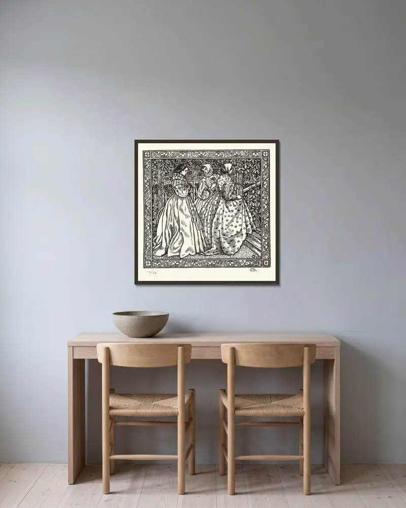 Tre kvinnor i en trädgård av Lucien Pissarro inramad på en vägg