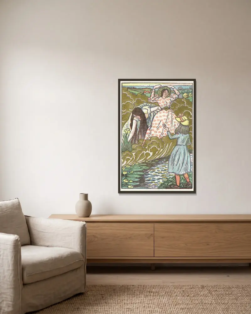 Ein Mädchen und zwei Frauen an einem Bach von Lucien Pissarro gerahmt an einer Wand