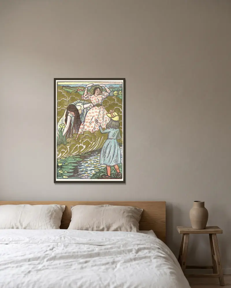 Ein Mädchen und zwei Frauen an einem Bach von Lucien Pissarro gerahmt an einer Wand