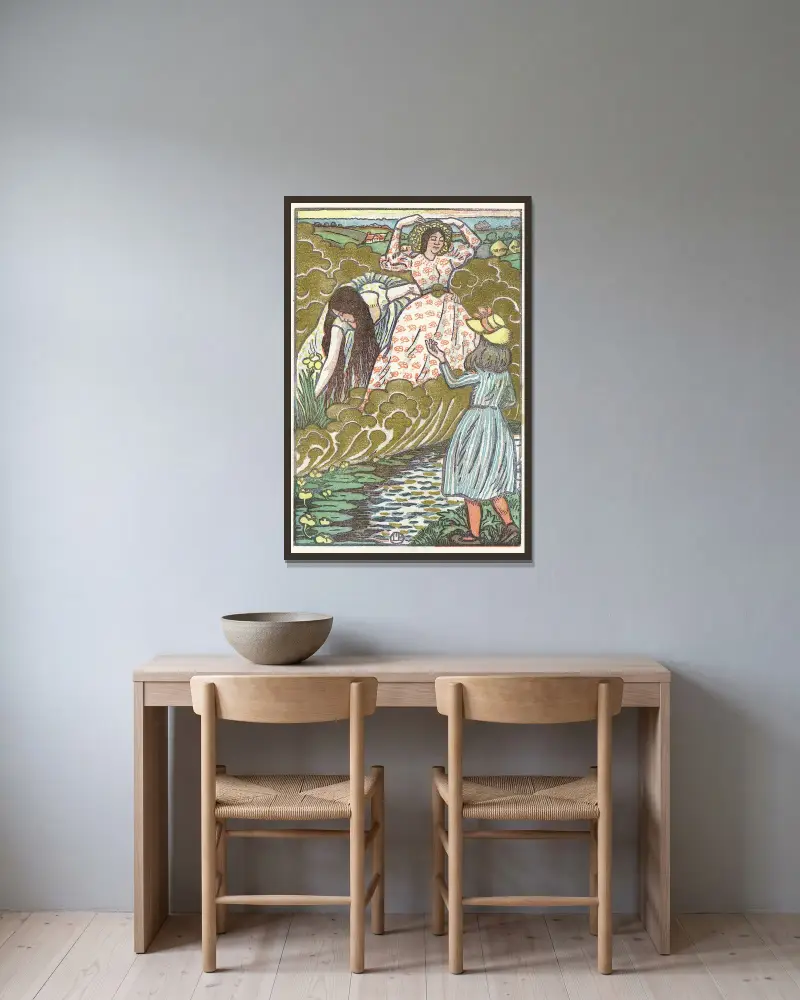 Ein Mädchen und zwei Frauen an einem Bach von Lucien Pissarro gerahmt an einer Wand