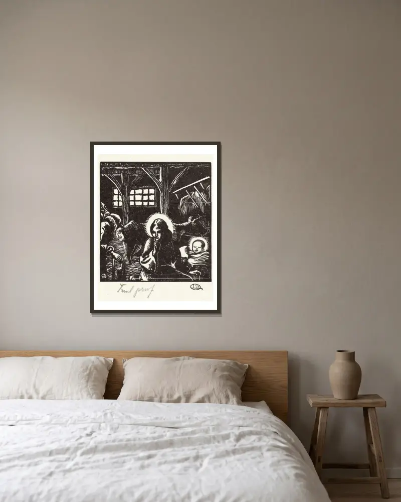 Geboorte van Christus av Lucien Pissarro inramad på en vägg