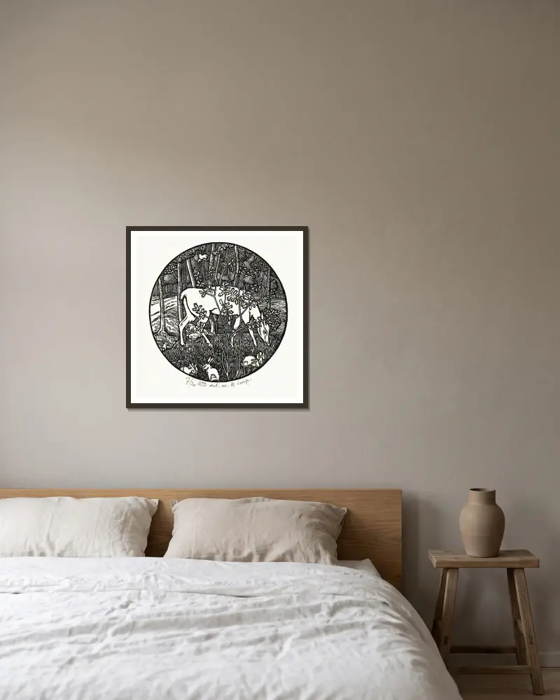 Pasoucí se jelen, Lucien Pissarro v rámu na stěně