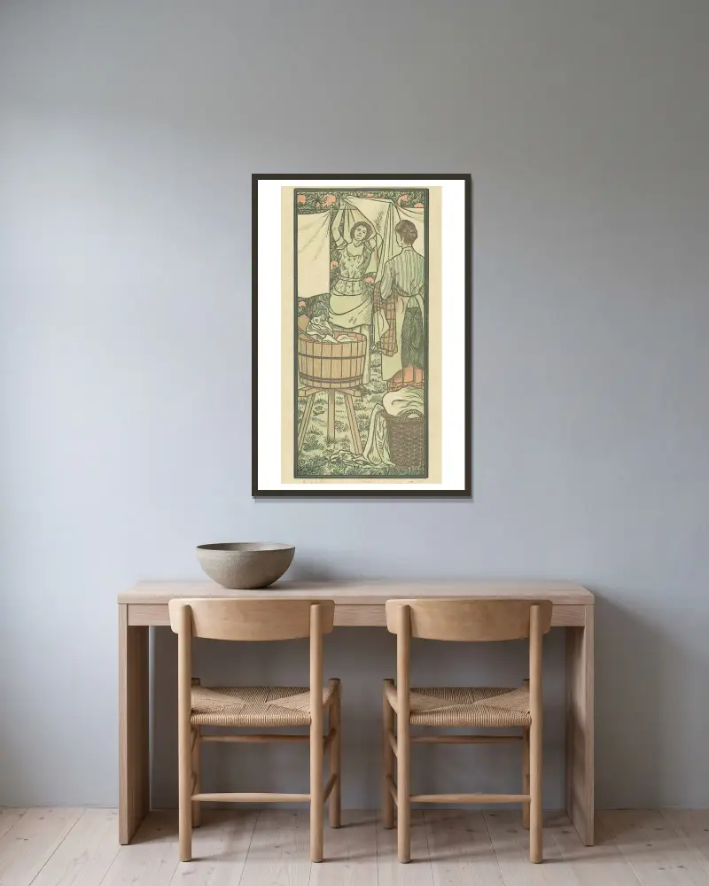 Het ophangen van de was av Lucien Pissarro inramad på en vägg