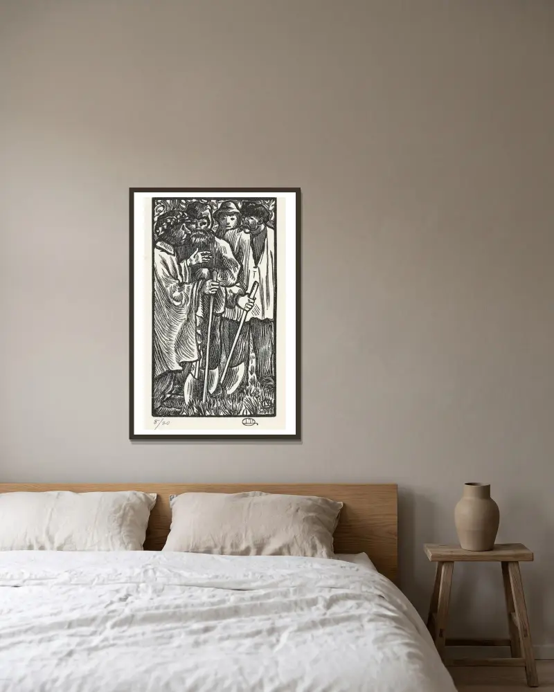 Vedhuggare av Lucien Pissarro inramad på en vägg