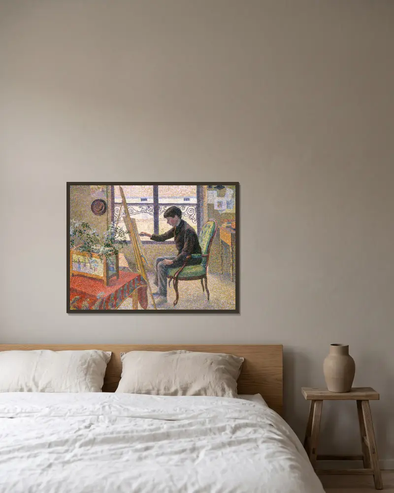 Ateljéinteriör av Lucien Pissarro inramad på en vägg