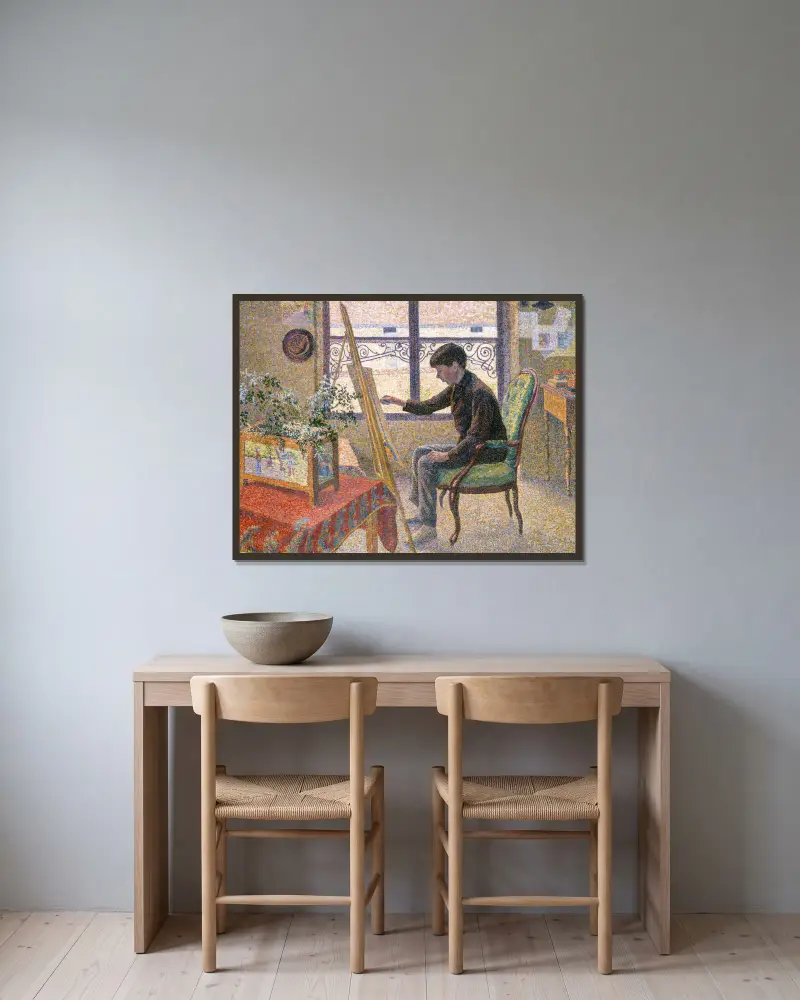 Ateljéinteriör av Lucien Pissarro inramad på en vägg