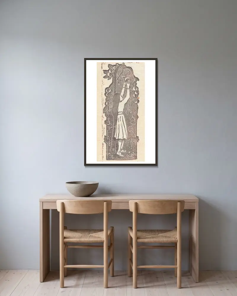 Meisje appels plukkend av Lucien Pissarro inramad på en vägg