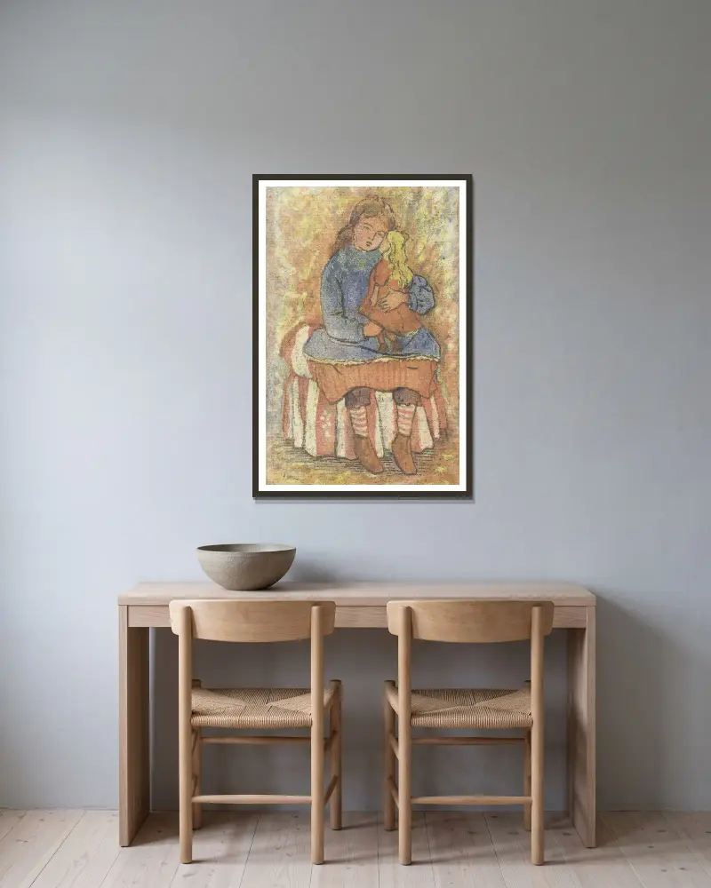 Meisje met pop av Lucien Pissarro inramad på en vägg