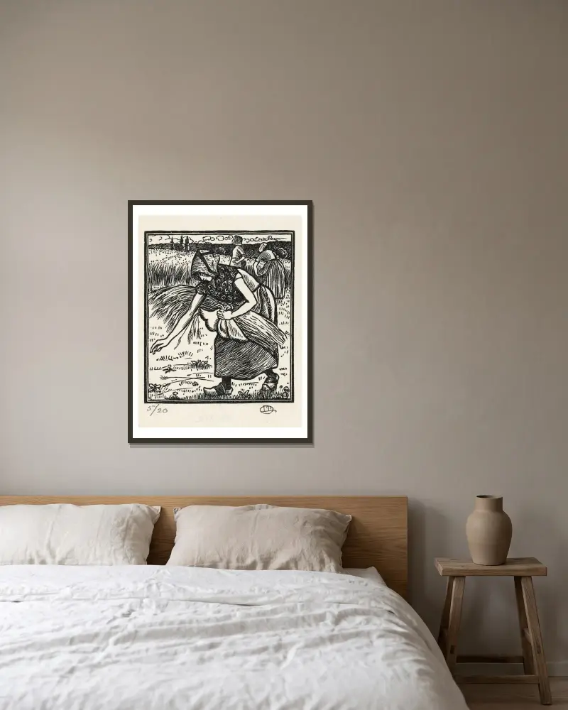 Rut samlar ax av Lucien Pissarro inramad på en vägg