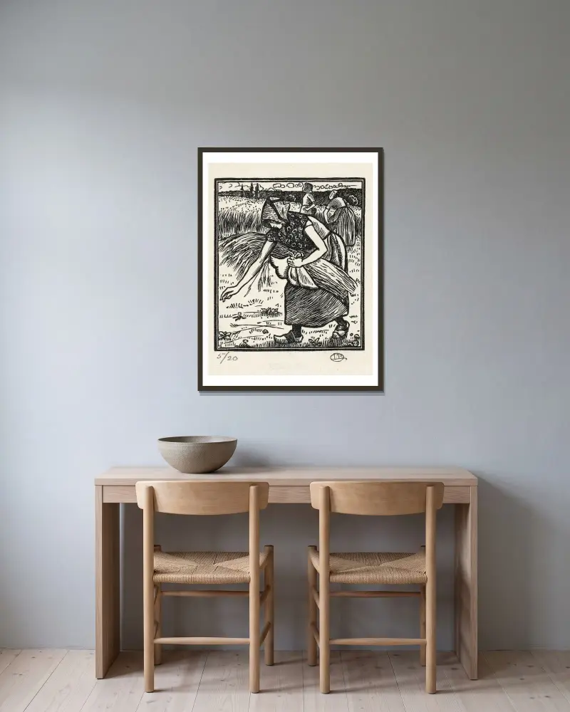 Rut samlar ax av Lucien Pissarro inramad på en vägg