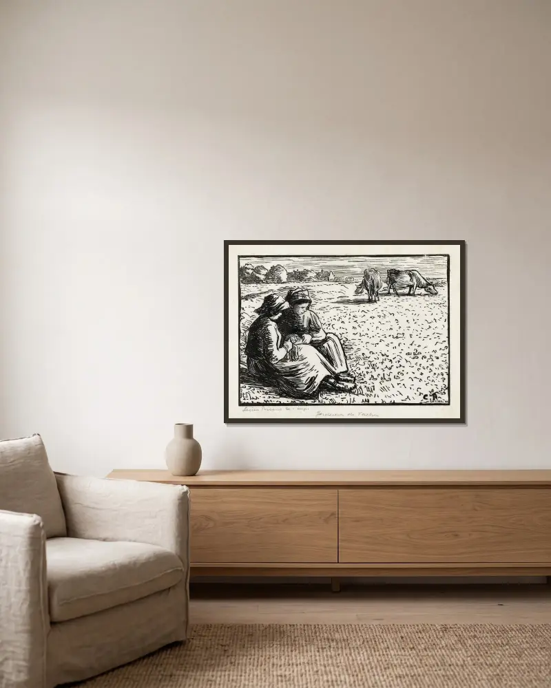 Zwei Viehhirtinnen von Lucien Pissarro gerahmt an einer Wand
