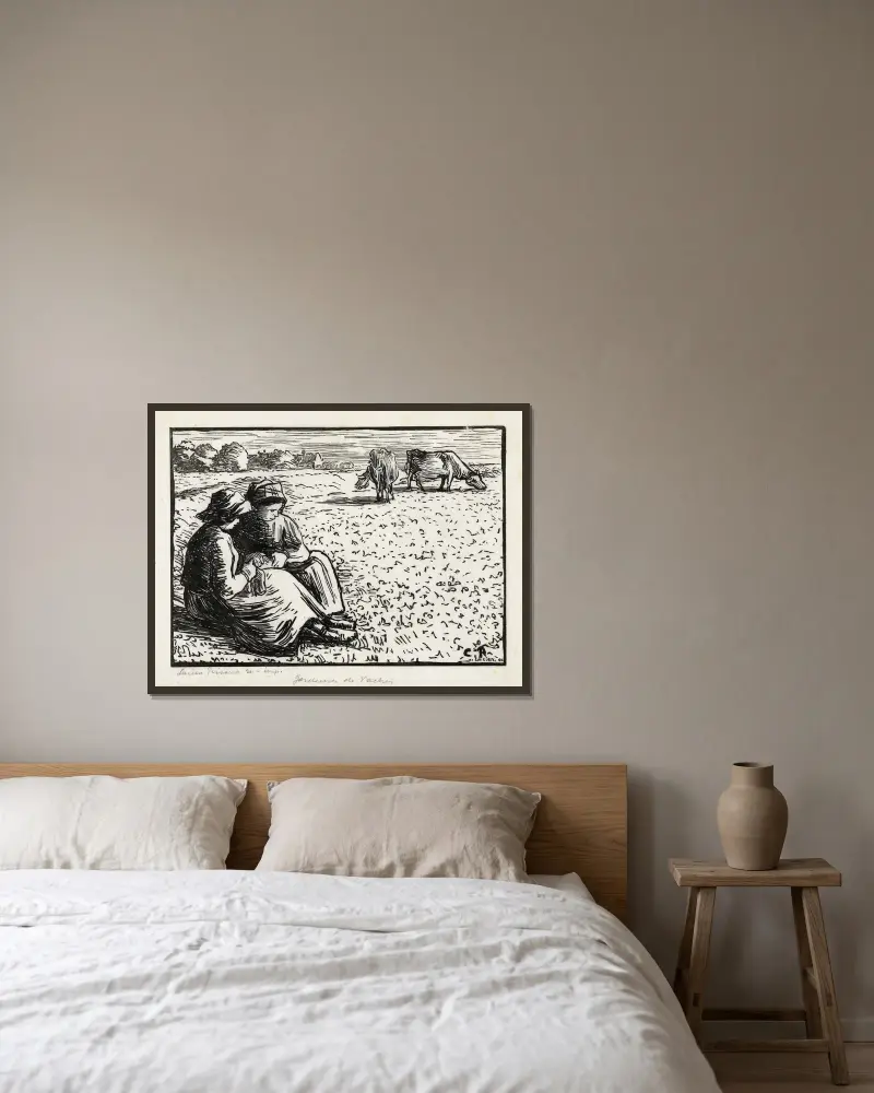 Zwei Viehhirtinnen von Lucien Pissarro gerahmt an einer Wand
